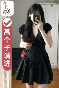 170加长法式黑色v领赫本风高个子女生连衣裙175超长泡泡袖A字短裙