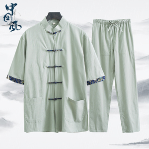 唐装男夏天薄款短袖中国风中式男装套装复古盘扣半袖上衣古装汉服