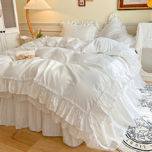 韩式四件套全棉纯白色贡缎公主风床单纯棉被套18m床裙式床上用品