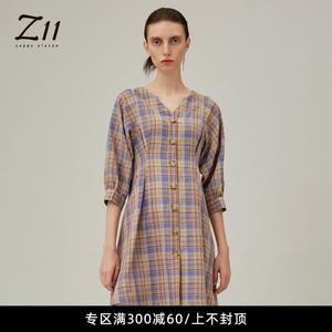 Z11女装夏季新款法式V领单排扣修身复古格子衬衫裙连衣裙H164