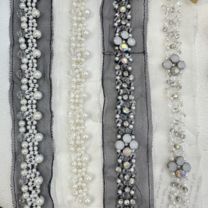 新款高档网纱水晶珍珠钉珠亮片水钻花边织带DIY服装婚纱礼服装配