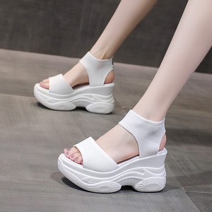 韩国高级感透气飞织坡跟厚底凉鞋女夏新款8cm内增高休闲运动凉鞋