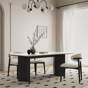 实木岩板纯白餐桌椅组合现代简约复古风家用长方形白色设计师餐台