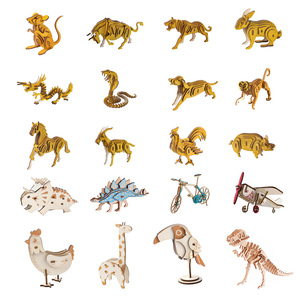 儿童手工简易拼装木质12生肖动物立体拼图 男孩拼插益智玩具模型