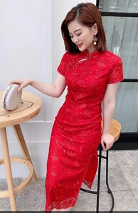蕾丝旗袍女夏装新款红色优雅改良版连衣裙重工钉珠刺绣礼服裙长裙
