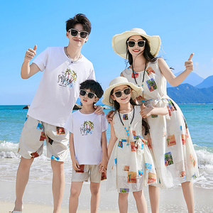 海边度假亲子装夏装一家三口四口夏季母女连衣裙沙滩裙三亚旅游