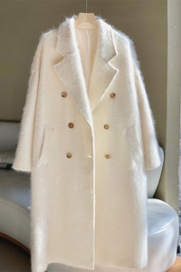 新年战袍拉毛100%山羊绒长毛大衣女廓形双排扣白色宽松中长款外套