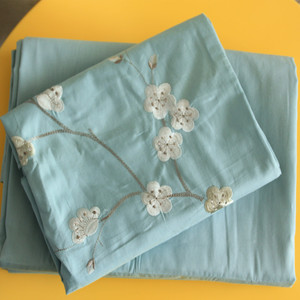外贸 纯棉床单单件绣花枕套床单三件套纯色100全棉1.5米被单双人