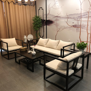 新中式沙发 现代中式实木布艺沙发组合古典酒店别墅风格客厅家具