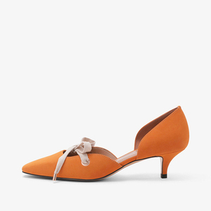 2020春夏单鞋小CK鞋橘色系带设计女士浅口中跟奥赛鞋高跟鞋