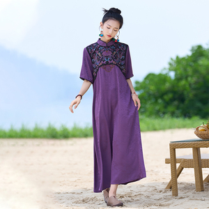 原创民族风优美新中式气质复古刺绣提花时尚紫色连衣裙