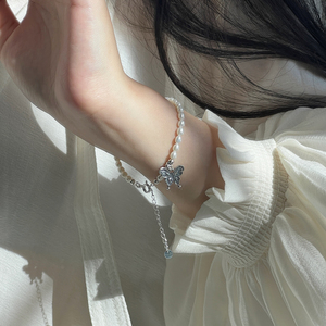 一十七手作 原创「银蝶」天然淡水珍珠小米珠s925银气质蝴蝶手链