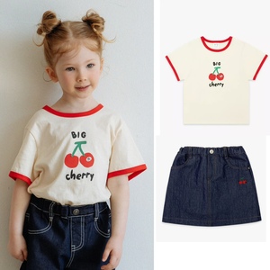 韩国童装ins风婴儿宝宝女童夏季红色樱桃短袖T恤软牛仔半裙