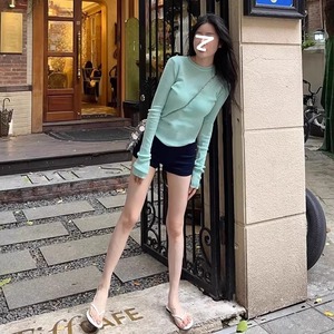 2024韩国春秋新款少女心薄荷绿性感微透薄款针织衫长袖T恤女上衣