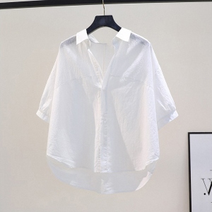 小众设计感白色棉布衬衫女夏季新款韩版宽松圆领休闲短袖衬衣上衣