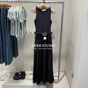 UR&BM无袖背心长裙2024夏季女装时髦高街拼接腰带设计感A型连衣裙
