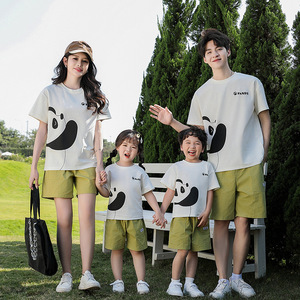 熊猫亲子装一家三口夏装2024新款母子母女纯棉短袖T恤全家福套装