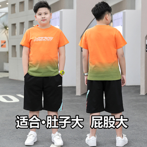 胖童装男童夏装短袖套装加肥加大8-15岁中大童夏季T恤运动两件套9
