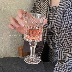 小众ins法式透明高脚杯高颜值香槟杯红酒杯果汁杯欧式浮雕玻璃杯