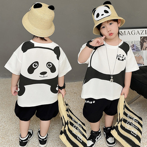 男童夏装熊猫套装2024新款夏季纯棉薄款2件套男宝宝洋气可爱童装