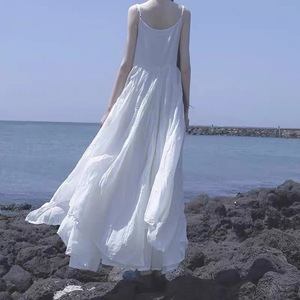 外贸出口尾单大牌白色长裙女装夏季茶歇显高显瘦可甜可盐吊带裙