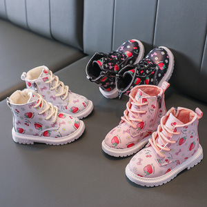 女童二棉保暖女宝宝加厚加棉防水皮面皮靴冬季马丁靴草莓短靴子