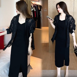 2024新中式国风连衣裙套装黑色网纱印花盘扣防晒衬衫两件套装裙女