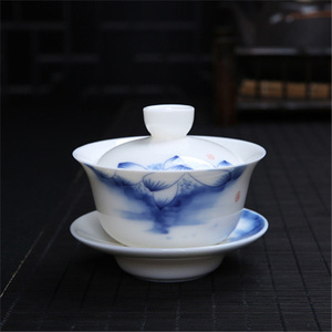 羊脂玉蓝彩莲花瓷盖碗陶瓷三才碗套装功夫茶具泡茶器单个茶杯精致