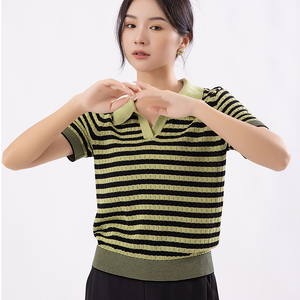 雅意娜菲2024夏季新款修身法式短款小众设计感条纹天丝针织衫女