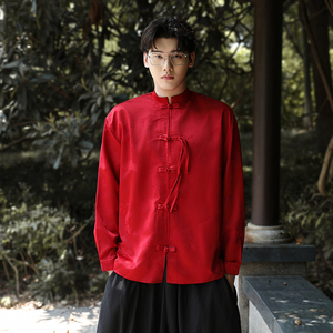 新中式男装唐装中国风红色提花长袖衬衫高级感绸缎改良汉服衬衣潮