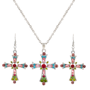 Cross pendant necklace 2pcs set水钻十字架吊坠项链耳环套装2件