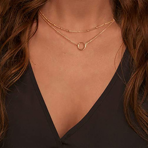 Circular double necklace women锁骨链复古圆环双层铜珠链项链女