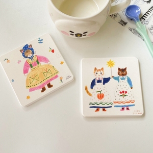 日本插画aiko fukawa猫咪硅藻泥方形杯垫乡村水彩风小猫隔热餐垫