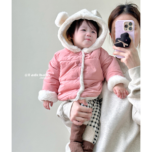冬季韩版婴幼儿加绒加厚连帽棉服男女宝宝夹棉保暖可爱熊棉衣外套