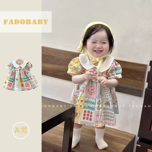 夏季新款女童连衣裙韩版婴幼儿卡通短袖娃娃领棉布裙子洋气公主裙