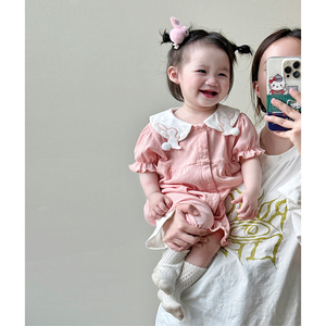 婴儿超萌连体衣0-2岁夏季韩国童装女可爱小兔短袖哈衣爬服外出服