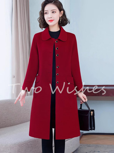新款双面羊毛呢大衣女妈妈装中长款风衣宽松时尚洋气妮子红色外套