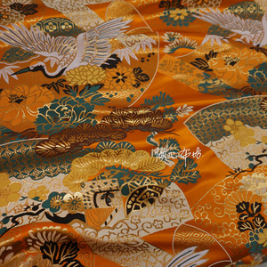 新桔色橘金黄织金仙鹤扇面中式和风西阵织面料加厚织锦缎子布料