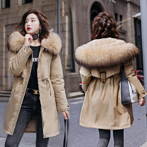 2021年新款棉服女中长款派克服加绒棉袄休闲韩版冬季女士外套收腰