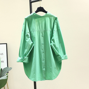 绿色棉衬衫女2024春款新时尚韩版宽松设计感小众衬衣长袖上衣外套