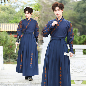 新款长袖汉服男生中国风大码男装宝蓝色古装绣花剑客公子古风套装