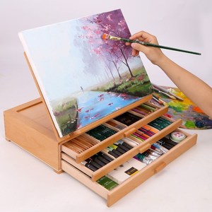 榉木油画桌面画架画盒木质抽屉箱素描彩铅收纳盒画画画
