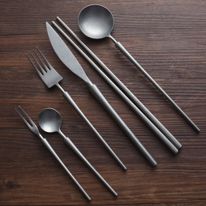 西餐具刀叉勺复古做旧银灰色意面餐叉套装筷子甜品调羹304不锈钢