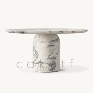 意式极简轻奢高级感天然大花白大理石设计师款冲天炉雕刻圆形餐桌