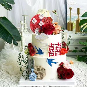 订婚结婚蛋糕装饰中式婚礼甜品台插件喜鹊古风插牌木雕屏风插件