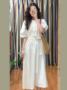 韩国chic法式气质衬衫连衣裙初恋小白裙收腰系带白色微透配腰带