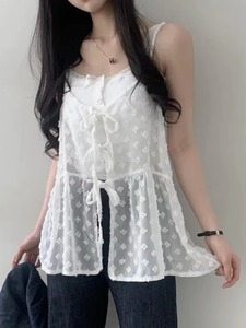 韩国chic夏季减龄气质设计感雪纺纯色小花朵叠穿网纱系带吊带上衣