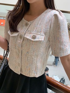 韩国chic夏季减龄复古小众气质小香风粗呢精致纽扣圆领短袖外套女