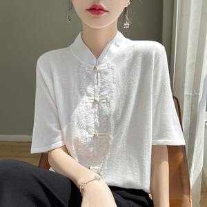 白色新中式国风立领蕾丝盘扣短袖针织衫桑蚕丝天丝夏季半袖上衣