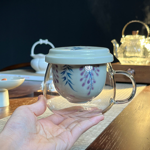 草木灰手绘紫藤花水杯玻璃泡茶办公杯茶水分离陶瓷茶杯带过滤内胆